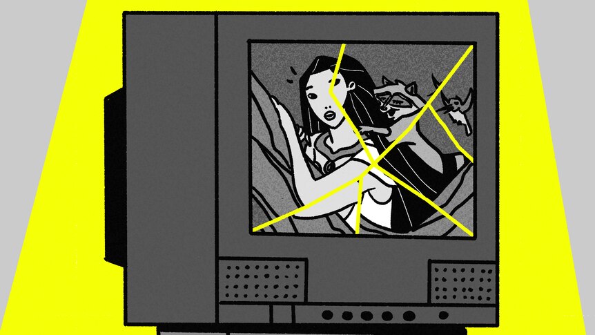 Black, grey and yellow illustration of cracked screen on a TV set showing cartoon Pocahontas character.