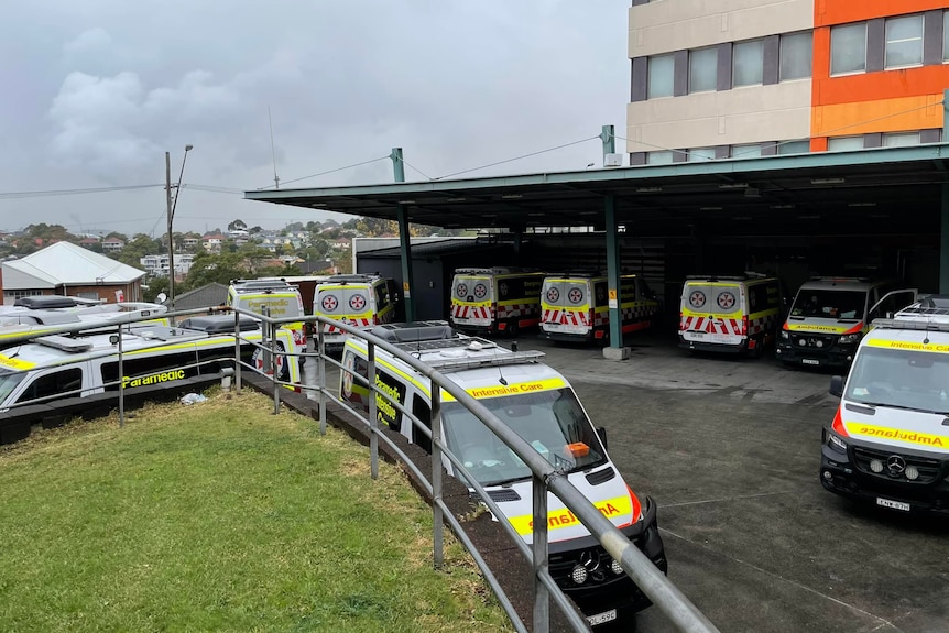 Nine ambulance vehicles parked outside a hospital 