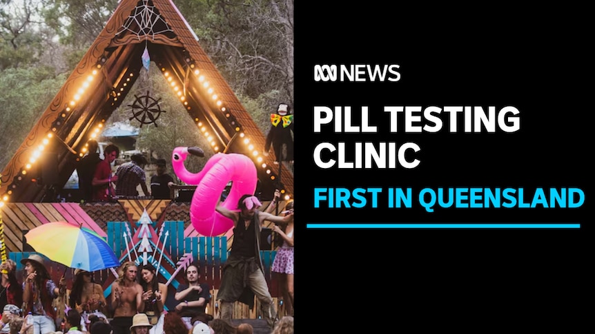 Pill Testing Clinic, First in Queensland: A crowd dances in front of a triangle-shaped DJ booth at a music festival