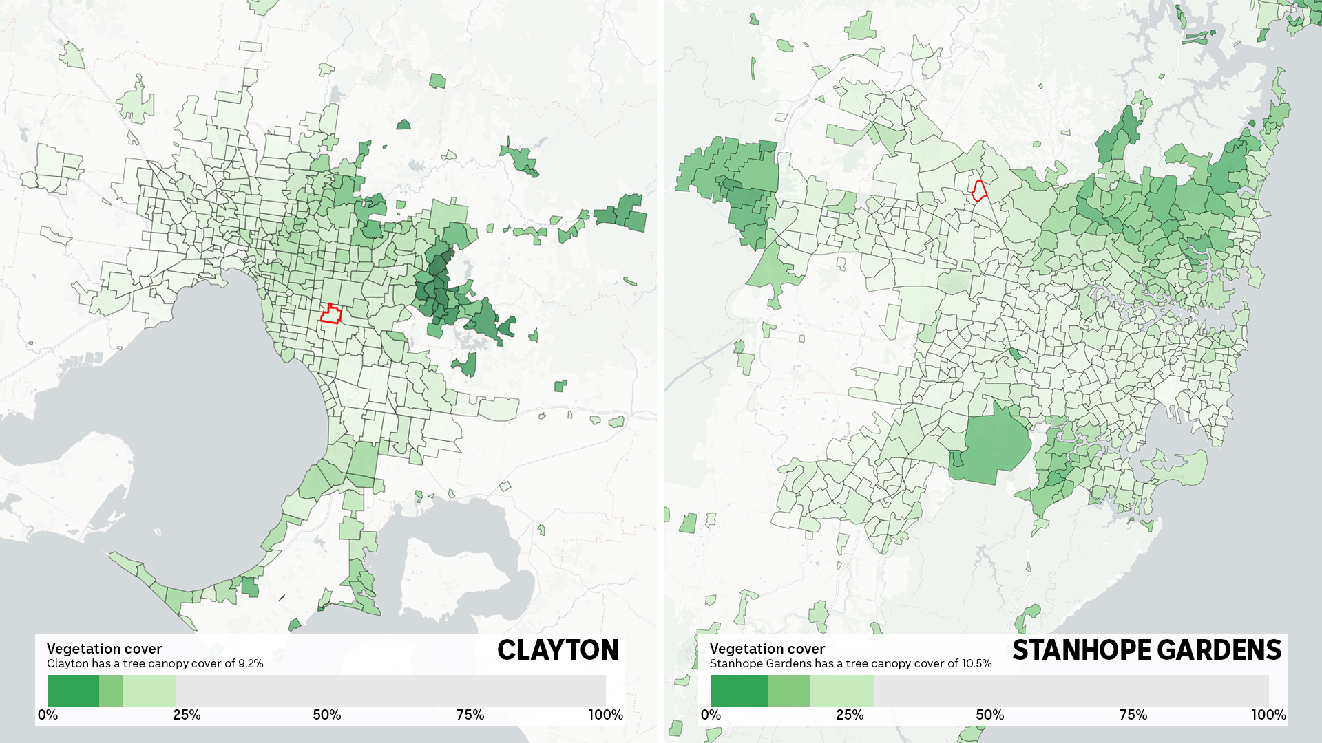 A side-by-side of suburbs in shades of green reflecting the amount of tree coverage.