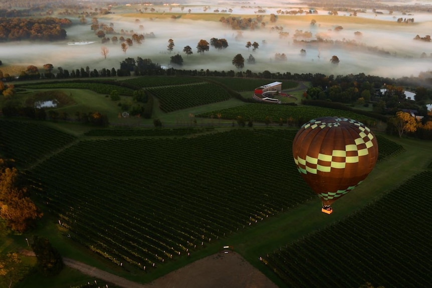 An aerial shot showing hot air balloons drifting over agricultural land.