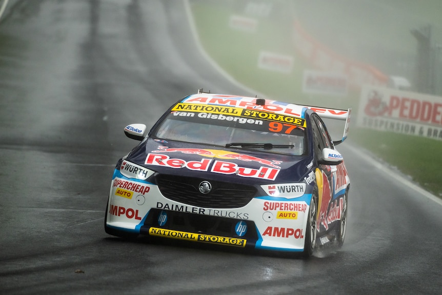 Shane van Gisbergen in his Holden in the rain