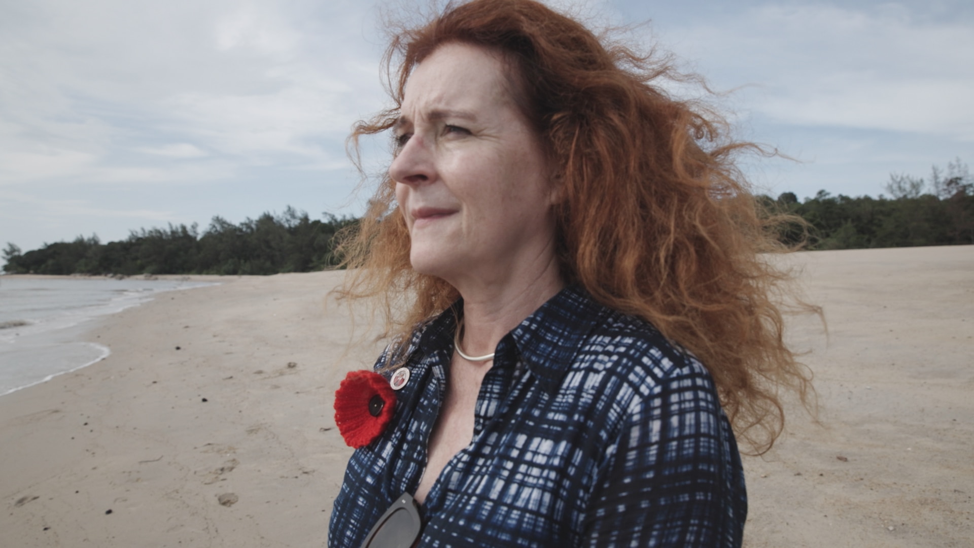 Woman with long hair blowing in wind stands on beach looking out to sea
