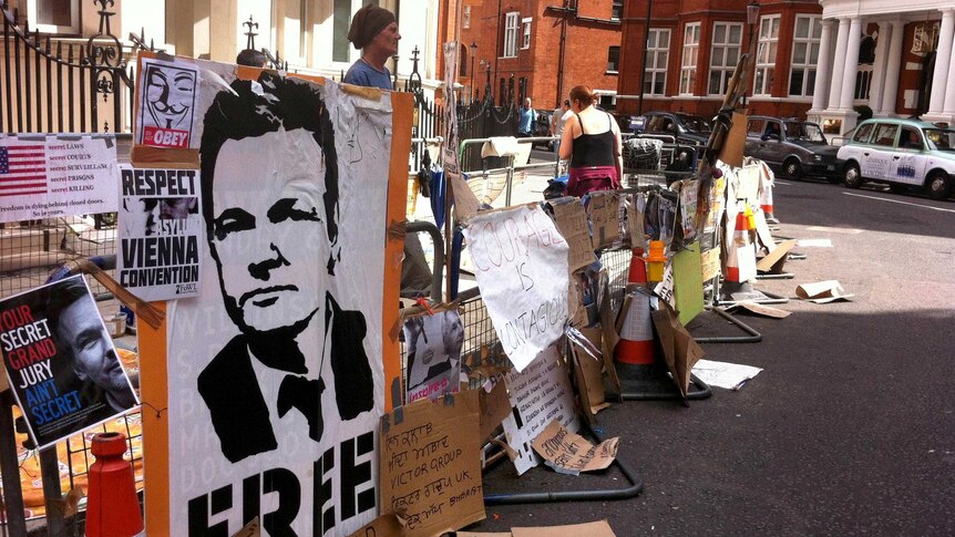 Julian Assange supporters outside the Ecuadorian Embassy in London.