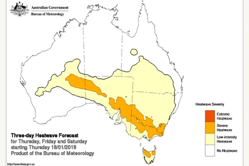 Severe heatwave areas for Thursday January 18 2018 are shown on a map of Australia.