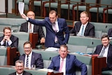 Tony Abbott on his feet in Parliament holding papers