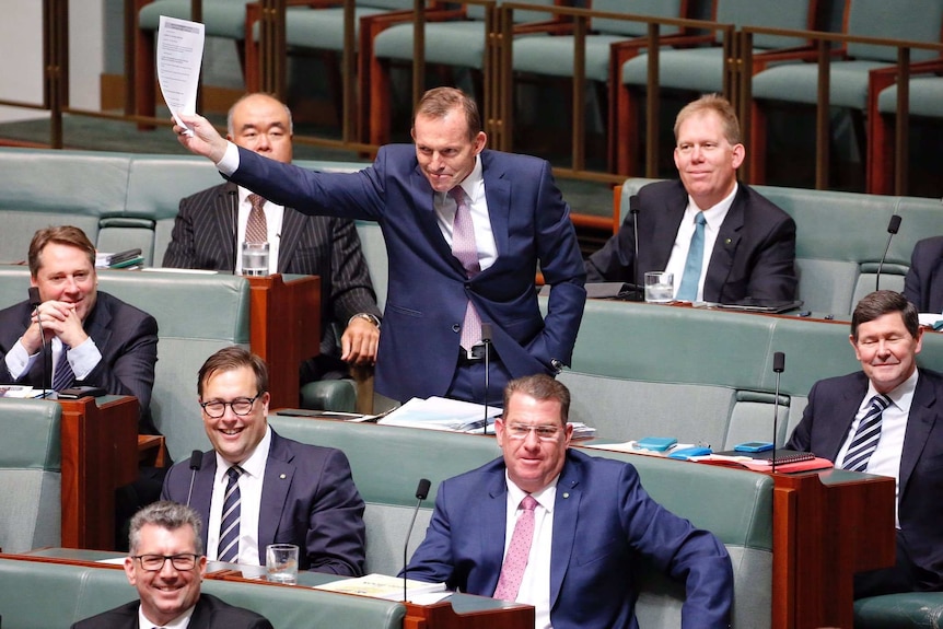 Tony Abbott on his feet in Parliament holding papers