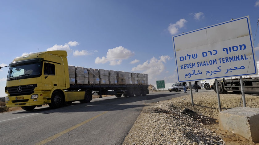 Entry denied...trucks transporting humanitarian aid for the Gaza Strip leave the Kerem Shalom crossing.