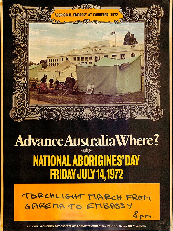 A post in black and gold that reads "Advance Australia Where: National Aborigines' Day, Friday July 14, 1972".