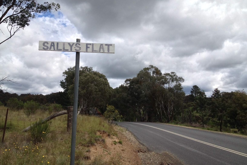 A 'Sallys Flat' sign by the side of a rural road