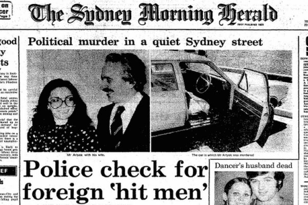 A frontpage of the Sydney Morning Herald showing headlines of an an assassination of Sarik Ariyak