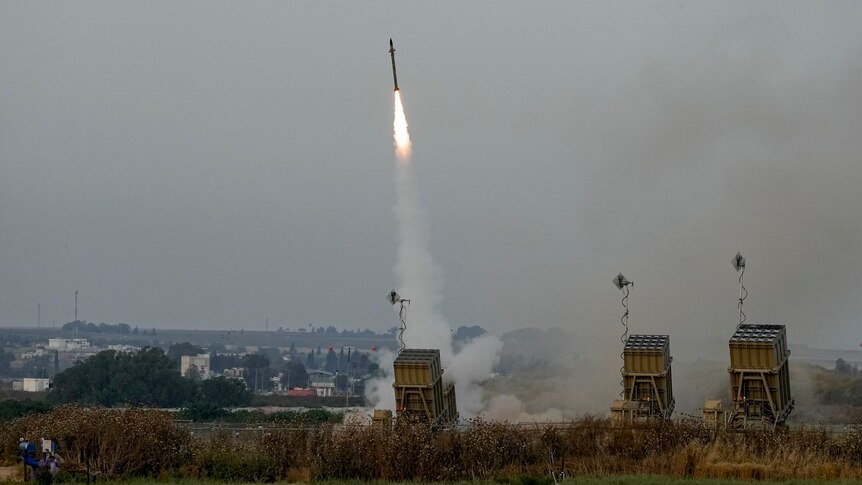 Israel's Iron Dome anti-missile system fires to intercept a rocket launched from the Gaza Strip towards Israel.