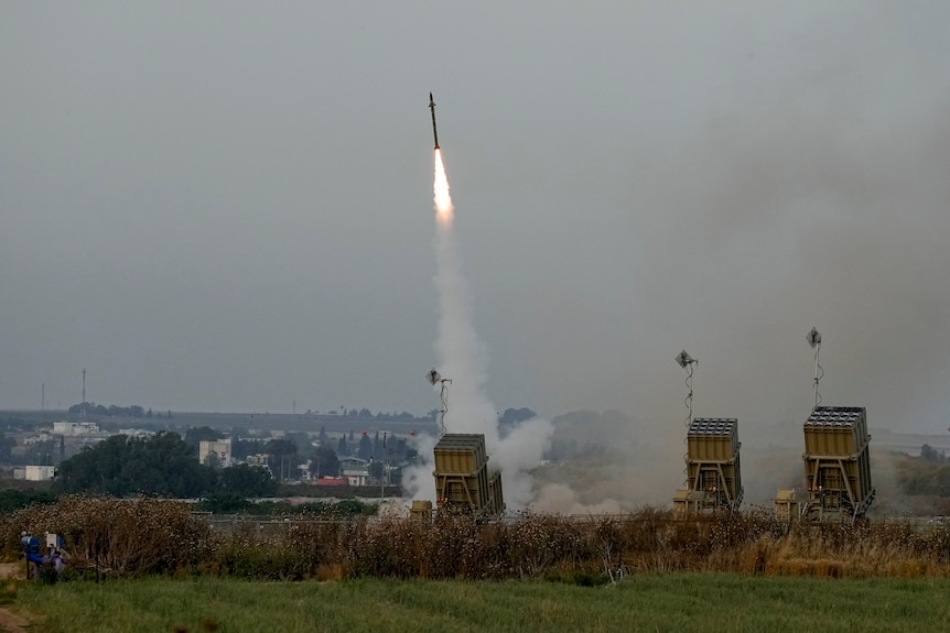 Israel's Iron Dome anti-missile system fires to intercept a rocket launched from the Gaza Strip towards Israel.