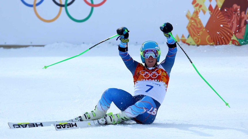 Ligety celebrates skiing giant slalom gold
