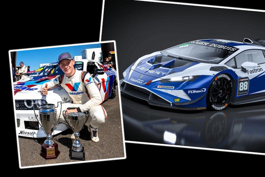A composite image of a young man with a helmet sitting in front of a car, and low blue sports car.
