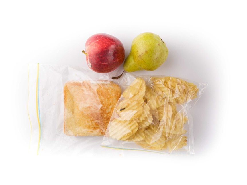 A fried egg toasted sandwich, potato chips, an apple and a pear on a white background.