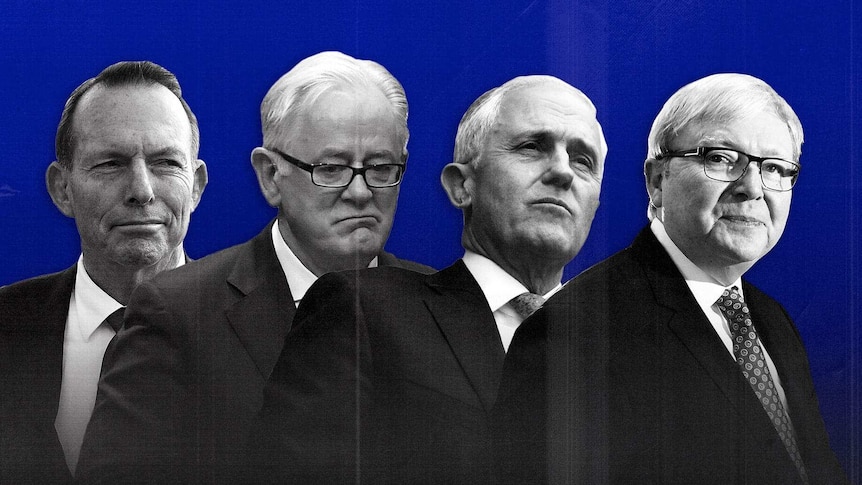 An illustration featuring Tony Abbott, Andrew Robb, Malcolm Turnbull and Kevin Rudd