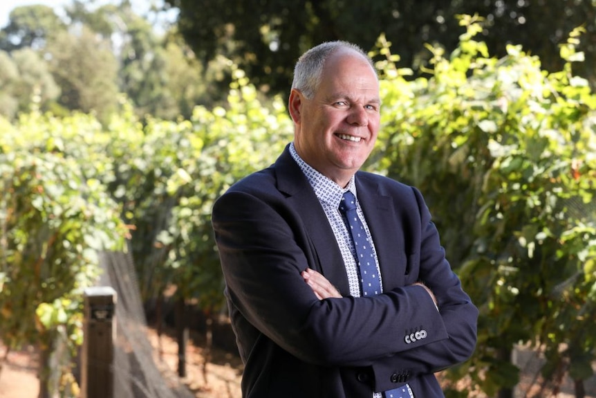 Australian Grape and Wine CEO, Tony Battaglene, standing in a vineyard.