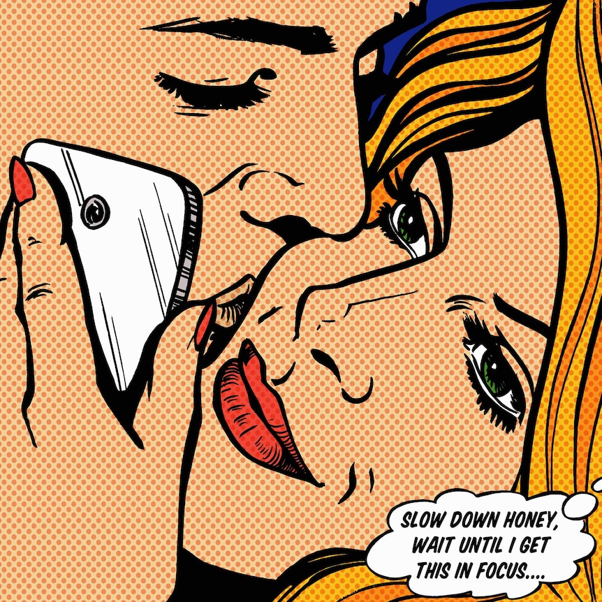 A pop art-style cartoon of a woman taking a photo of herself on her phone as she is kissed by a man.