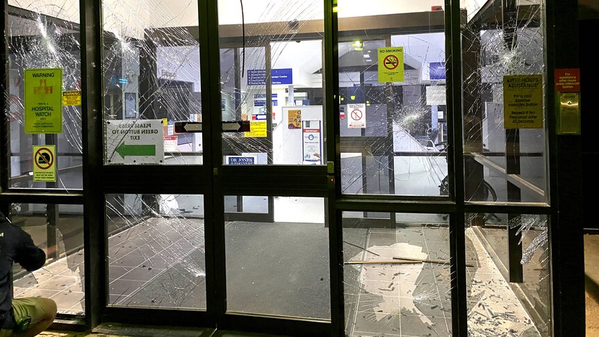 Smashed glass at the entrance of the Wallaroo Hospital.