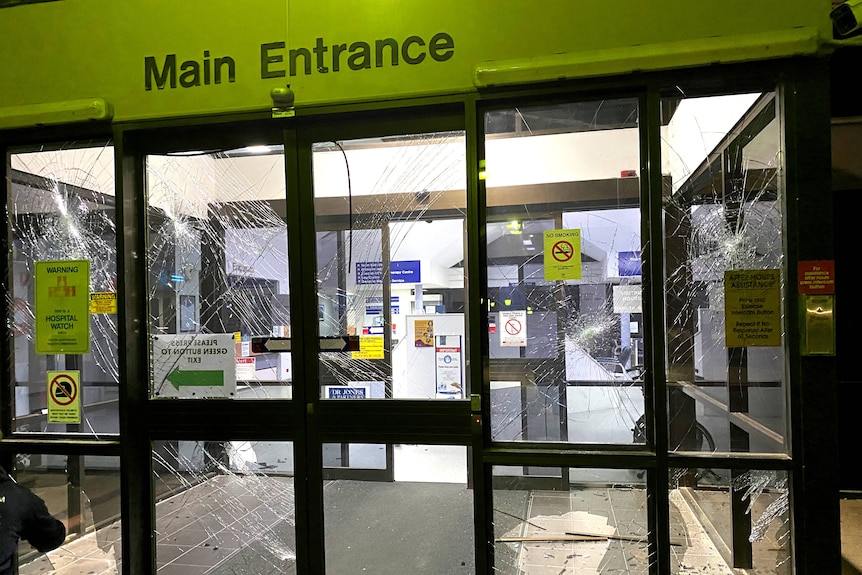 Smashed glass at the entrance of the Wallaroo Hospital.