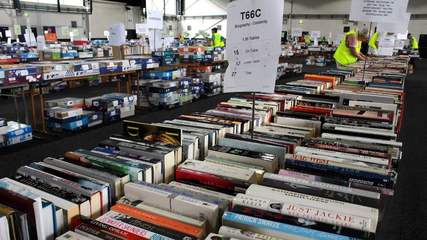 Some of the tens of thousands of books up for sale at the Canberra Lifeline 2015 book fair at Exhibition Park.