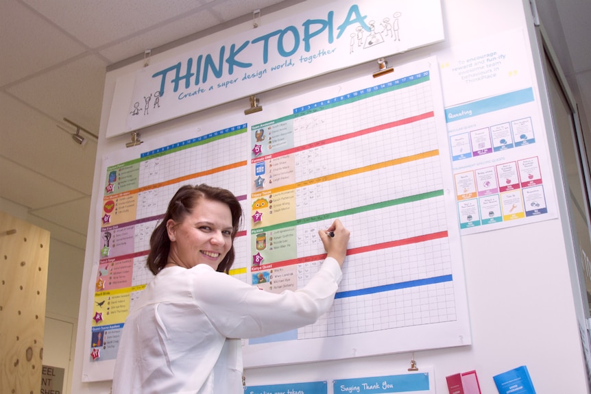 A woman writes on a scoreboard with the word ThinkTopia in bold at the top.