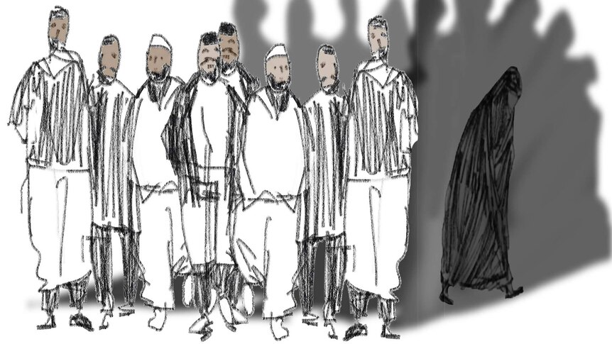 A group of Muslim men jeers at a woman walking past.