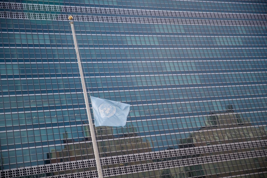 The United Nations flag flies at half mast