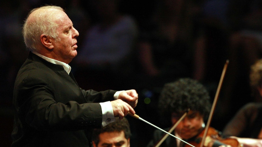 Daniel Barenboim conducts the Beethoven Symphony No. 8 in F major with the West-Eastern Divan Orchestra during the BBC Proms at London's Royal Albert Hall in 2012.