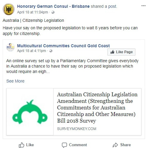 A Survey Monkey survey on changes to Australia's citizenship laws posted to Facebook on April 18, 2018.
