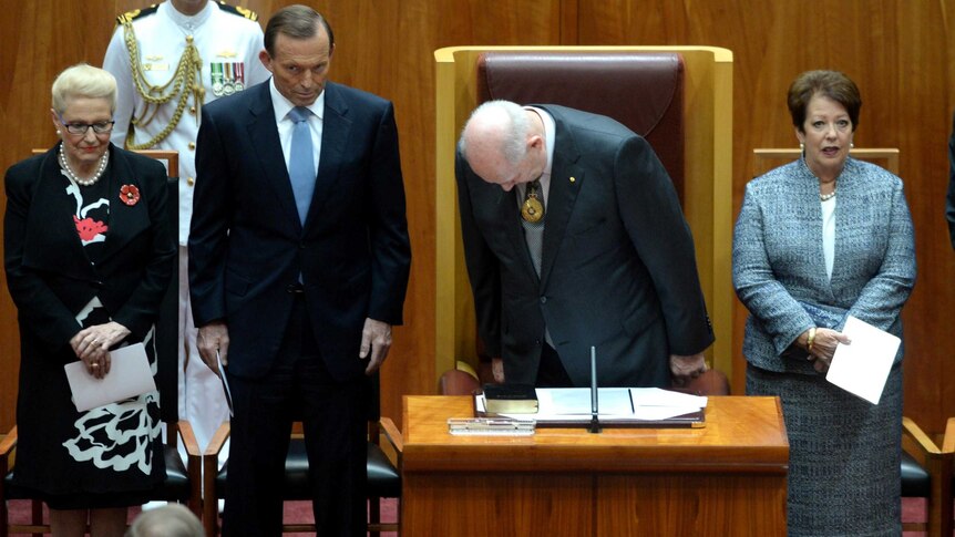 Governor-General Peter Cosgrove bows to the Senate chamber during his swearing in.
