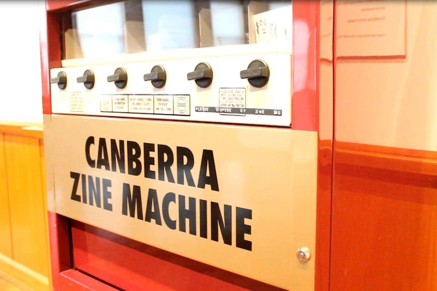 A zine vending machine stand as part of the Copier Jam! exhibition.