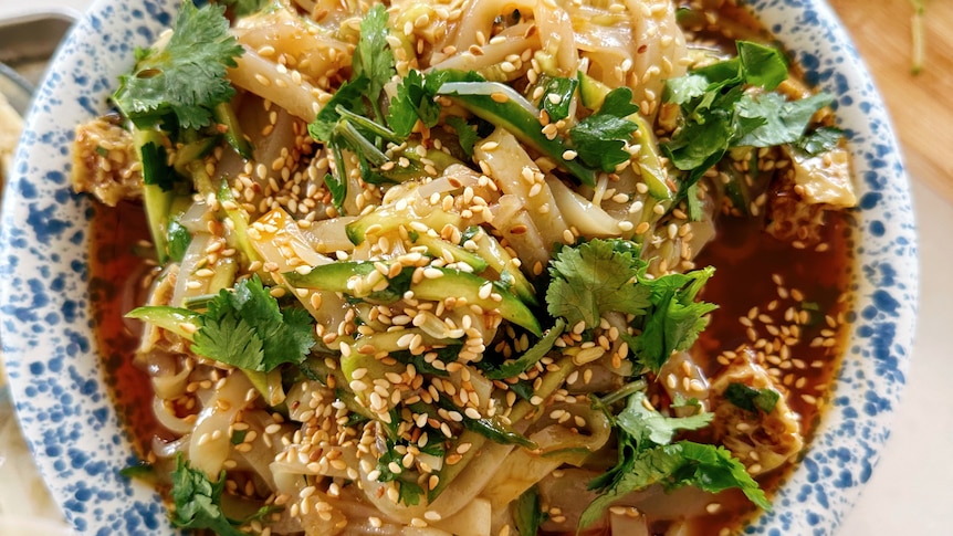 Liz Miu's cold noodles with seitan, cucumber and bean sprouts.