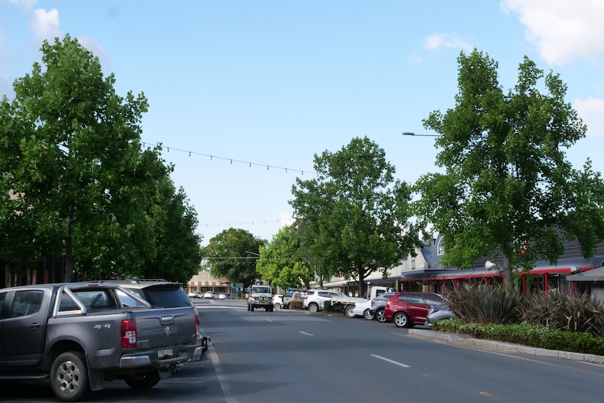 Main street of small town with lights strung across