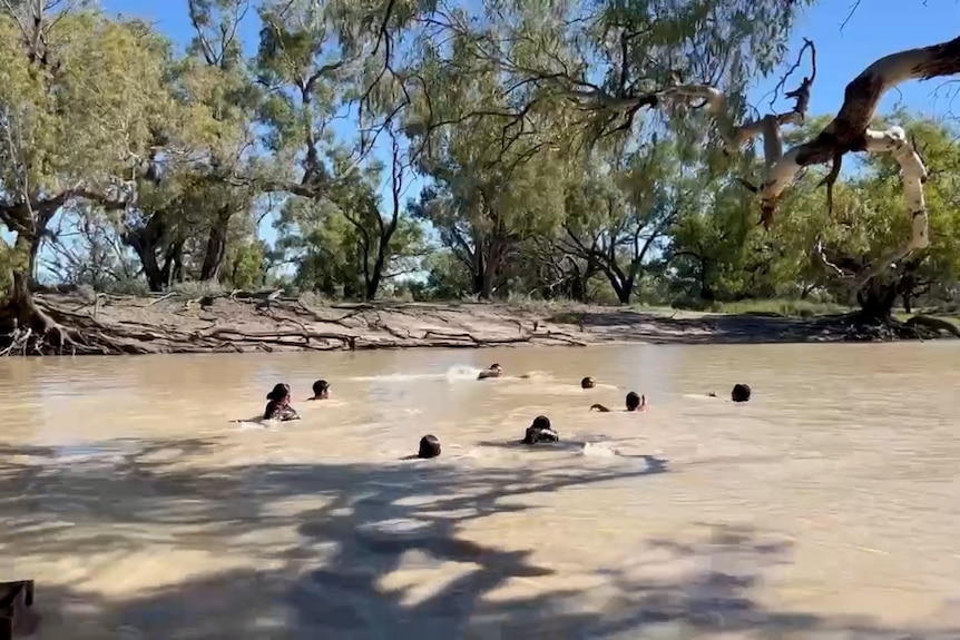 Several young children swim in a brown coloured river