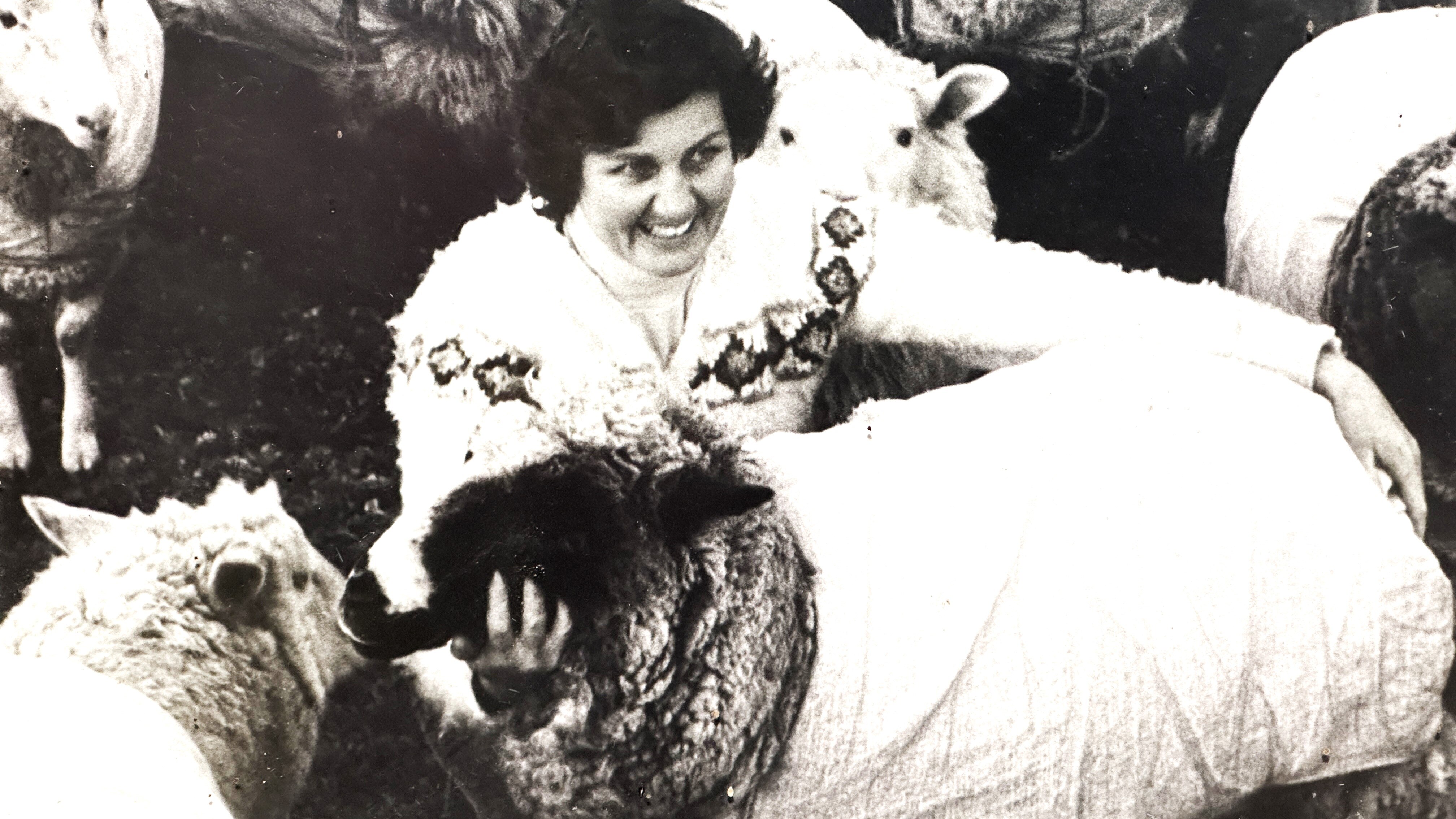 A black and white photo of a woman smiling among sheep with coats.