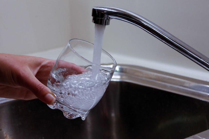 Hand holds a glass filling with water from a kitchen tap