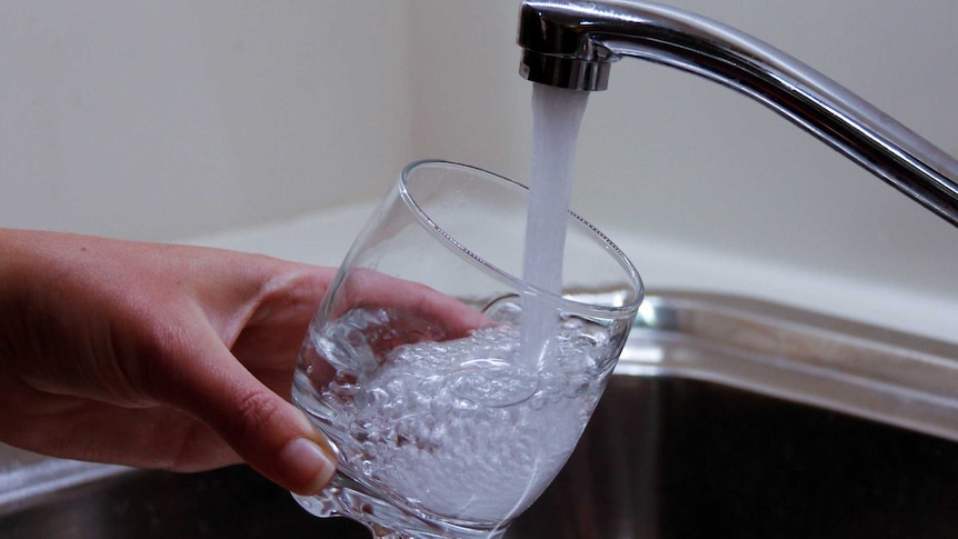 Man filling glass with water from tap