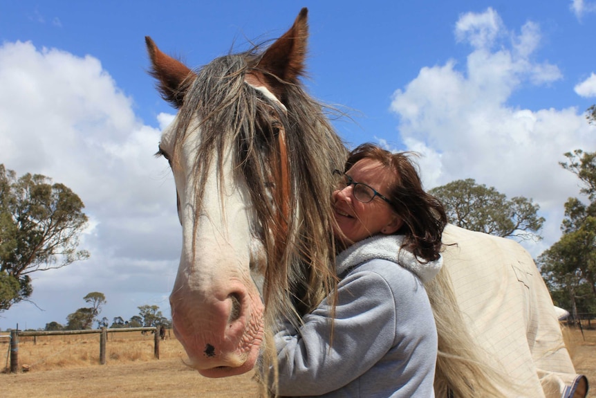 Lynn Brierley hugging one of her Clydesdale horses in a paddock.