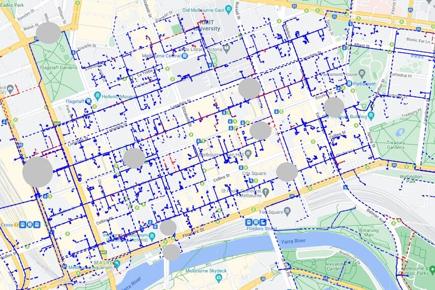 Blue lines across a map of Melbourne's CBD.