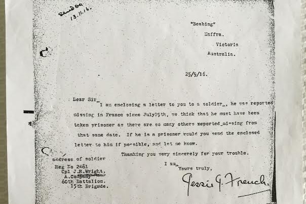 Jack Wright's fiance sent this letter to Australian officials, seeking information about his fate.