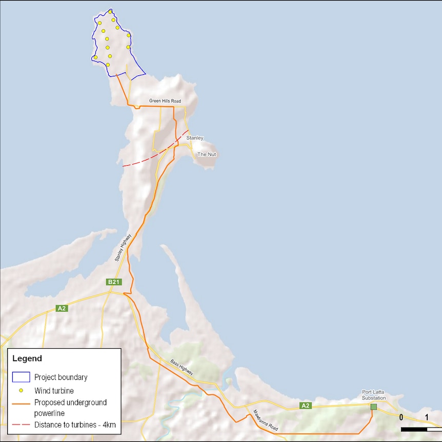 A map showing plans for a wind farm at Stanley in north-west Tasmania.