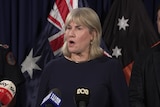 Eva Lawler at an indoor press conference with flags in the background.