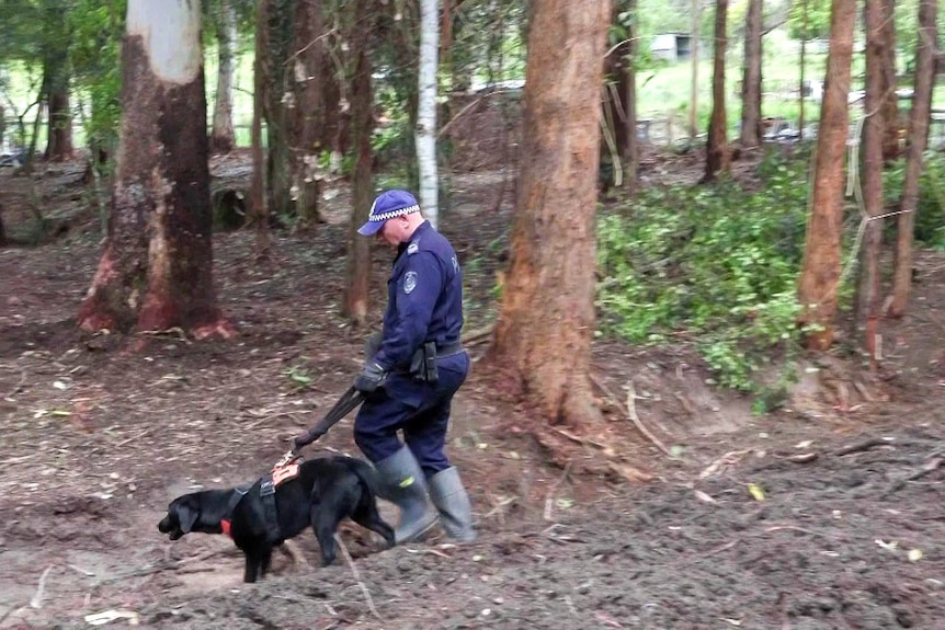 a police dog with a sniffer dog on a leash out in the bush