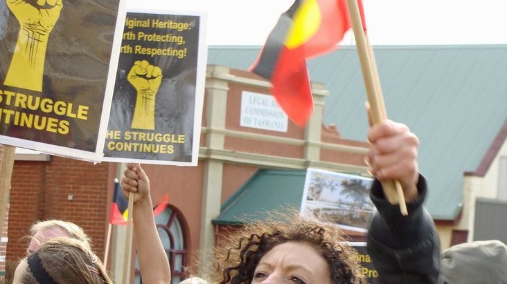 Aborigines march in Burnie to protest against the destruction of heritage sites in Tasmania