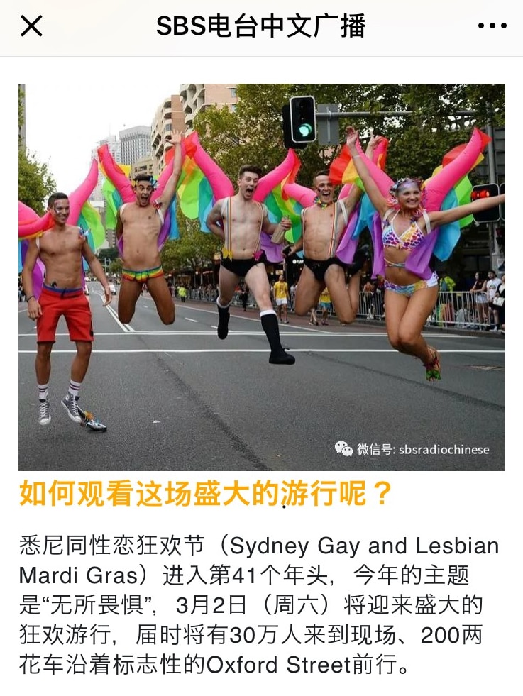 People celebrate in the Sydney Mardi Gras parade, in this screen shot taken from an article about the event on SBS's WeChat.