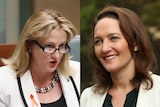 A composite image shows close-ups of Rebekha Sharkie and Georgina Downer. Both women are wearing off-white blazers.