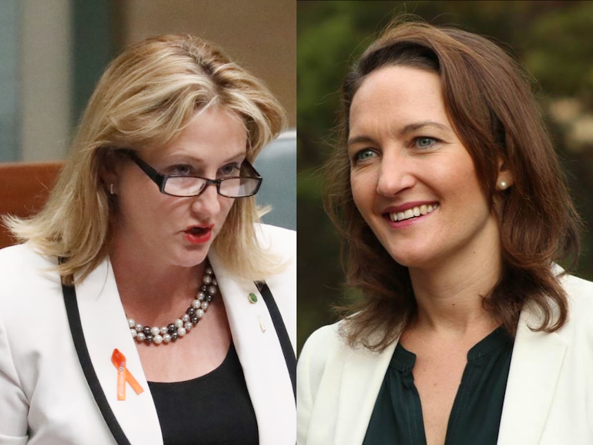 A composite image shows close-ups of Rebekha Sharkie and Georgina Downer. Both women are wearing off-white blazers.