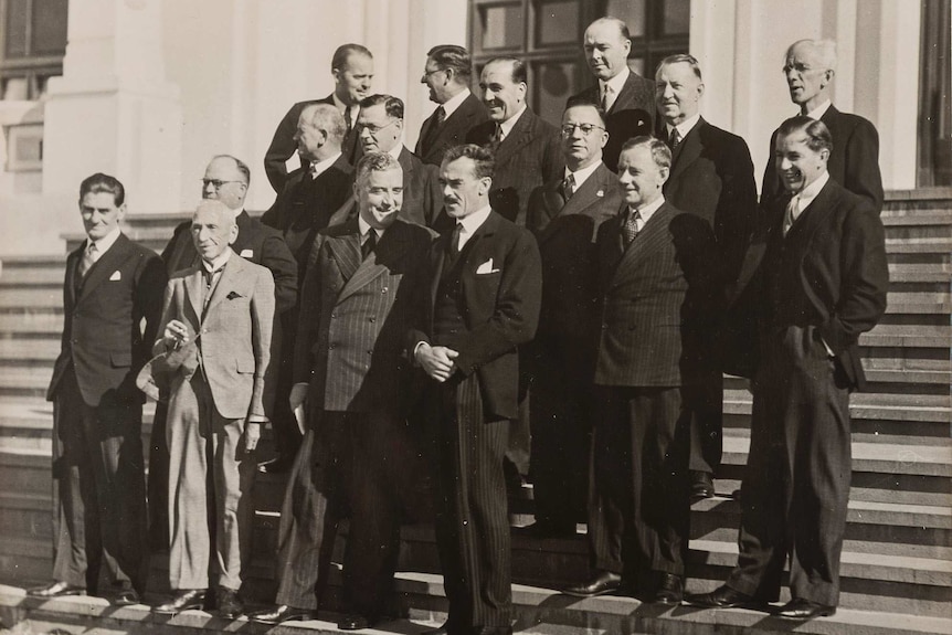 Robert Menzies' first cabinet on the steps of Parliament House in 1939